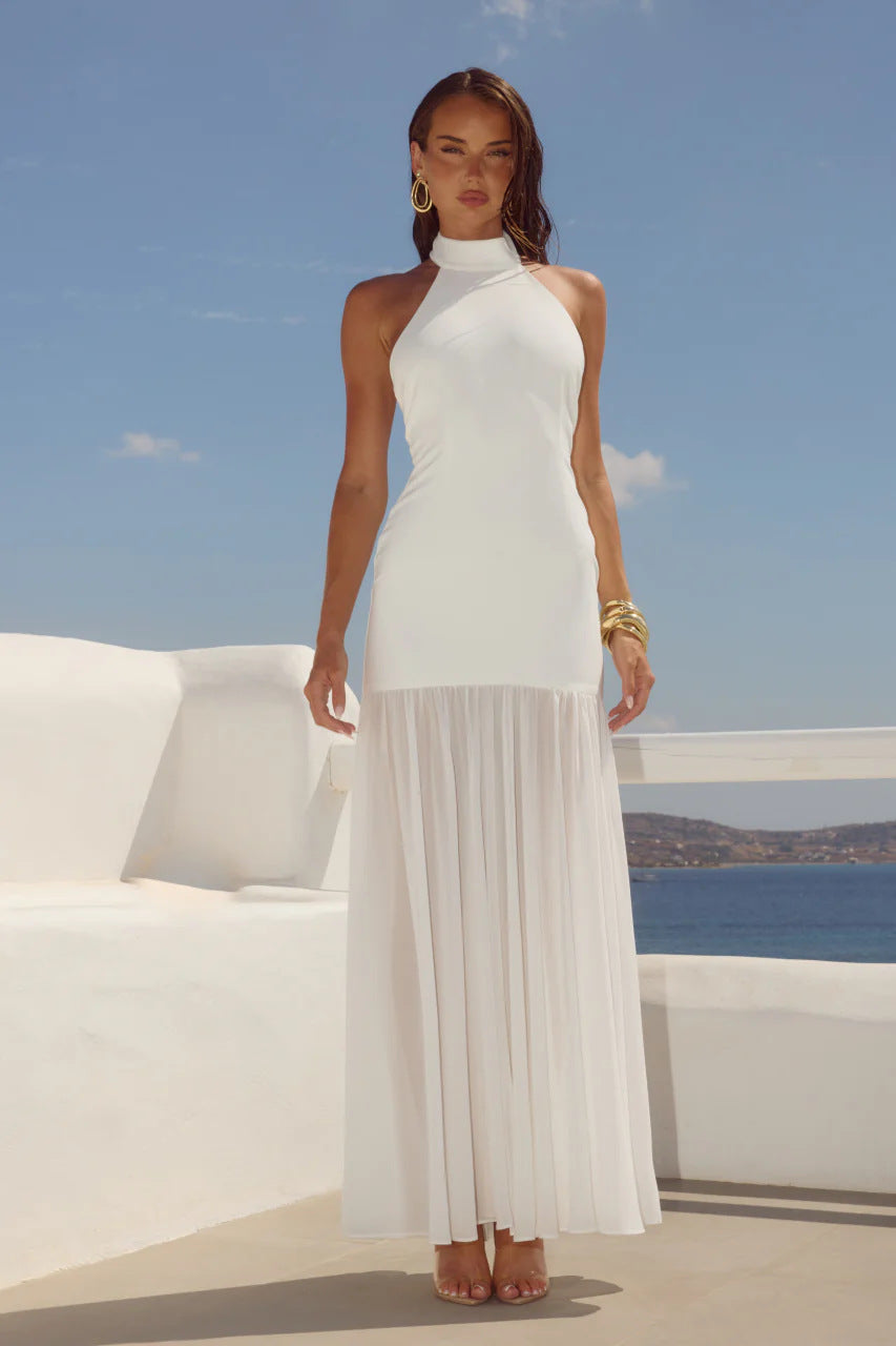Elegant Patchwork Halter Neck Long Dress