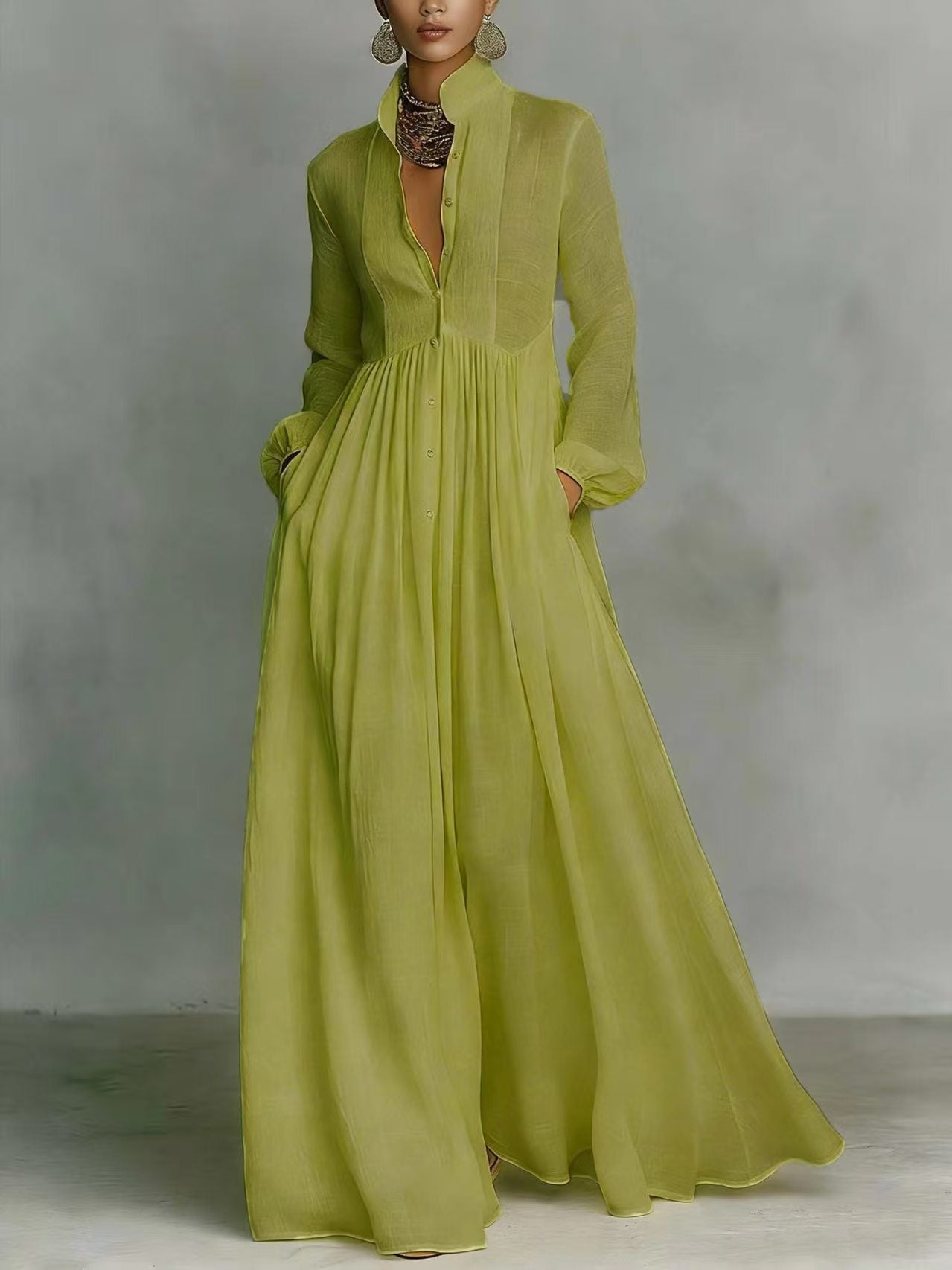 Elegant Pleated Lantern Sleeve Dress