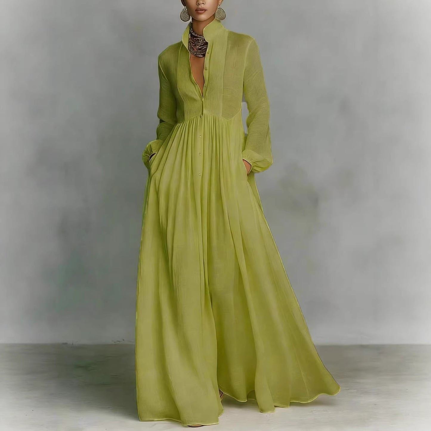 Elegant Pleated Lantern Sleeve Dress