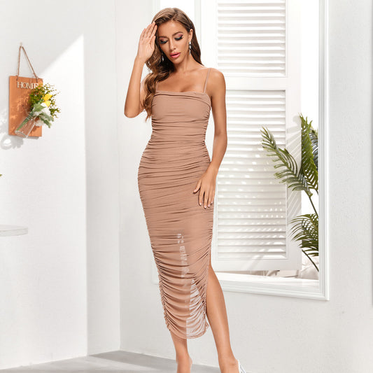 Elegant Pleated Mesh Bandage Dress for Women