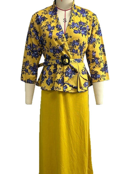Elegant Printed Fishtail Dress with Seven Sleeves