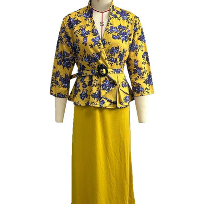 Elegant Printed Fishtail Dress with Seven Sleeves