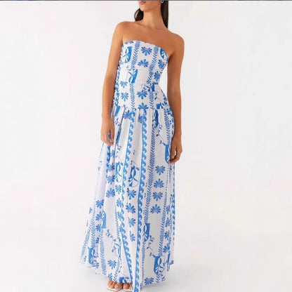 Elegant Printed Strapless Pleated Dress