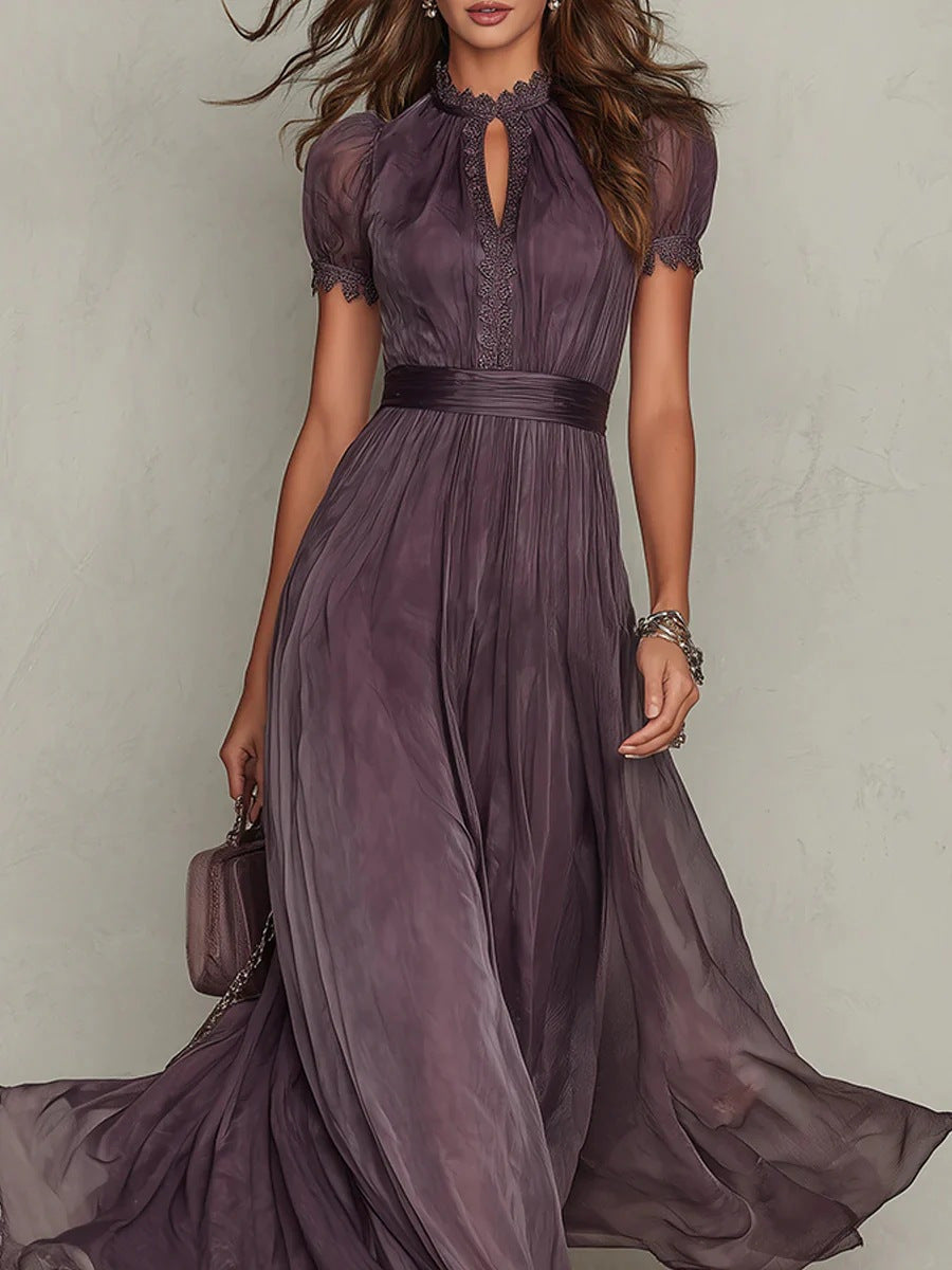 Elegant Purple A-Line Long Dress with Lace Detail
