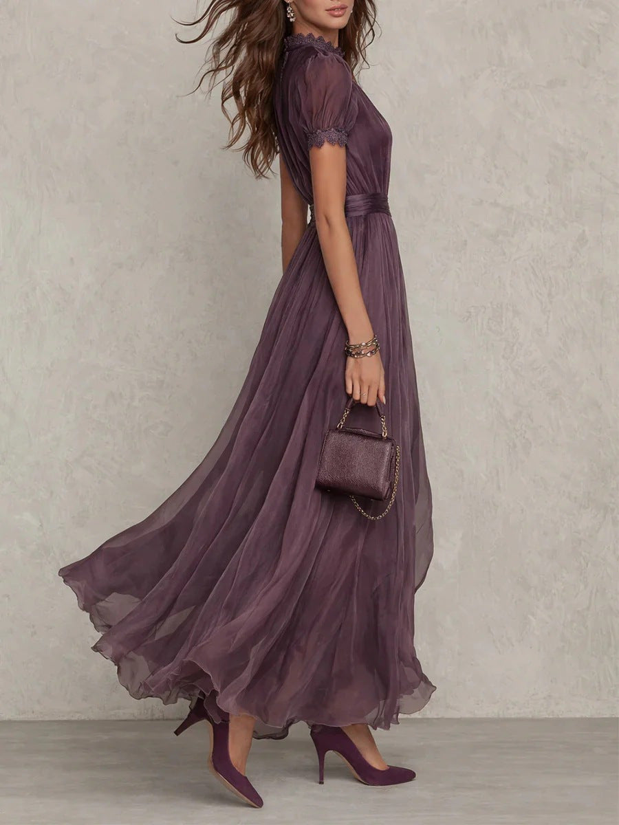 Elegant Purple A-Line Long Dress with Lace Detail