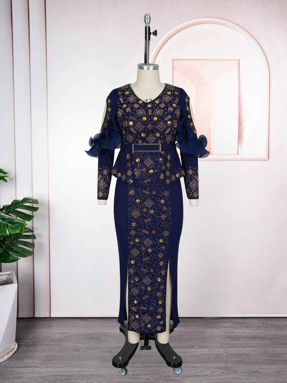 Elegant Rhinestone Beaded Evening Gown