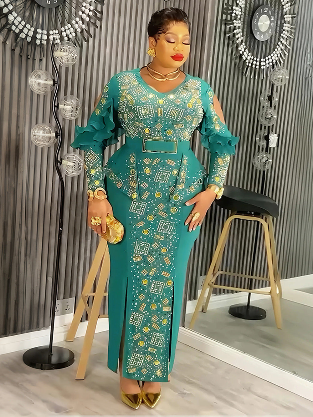 Elegant Rhinestone Beaded Evening Gown