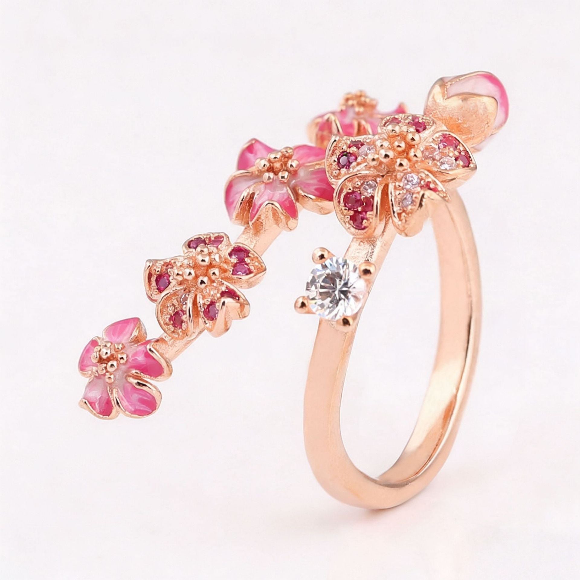 Elegant Rose Gold Peach Blossom Beaded Ring