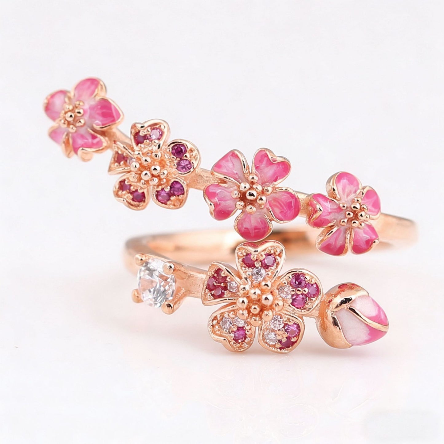 Elegant Rose Gold Peach Blossom Beaded Ring
