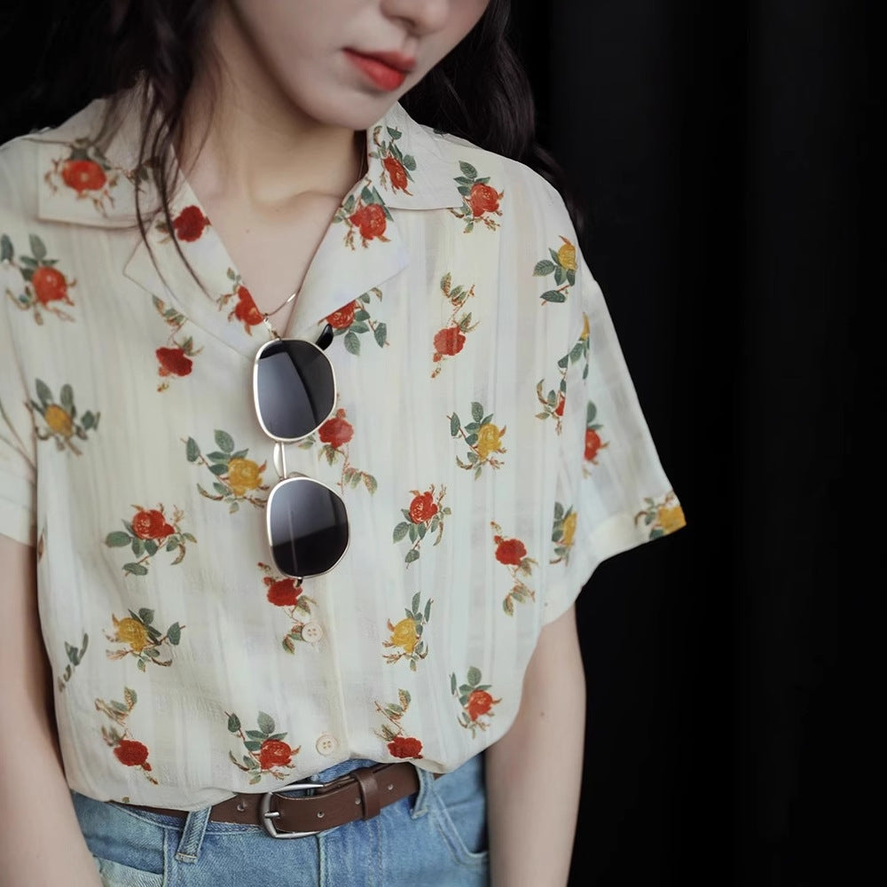 Elegant Rose Print Short Sleeve Shirt for Women