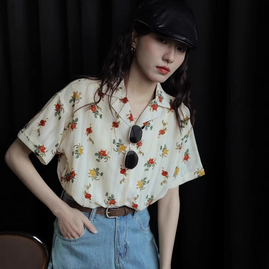 Elegant Rose Print Short Sleeve Shirt for Women