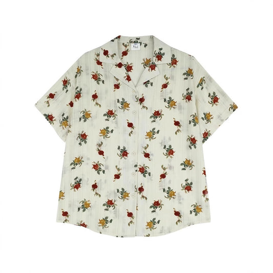 Elegant Rose Print Short Sleeve Shirt for Women
