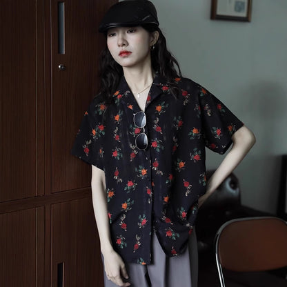 Elegant Rose Print Short Sleeve Shirt for Women