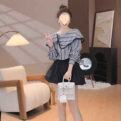 Elegant Ruffled Plaid Shirt and Skirt Pants Set