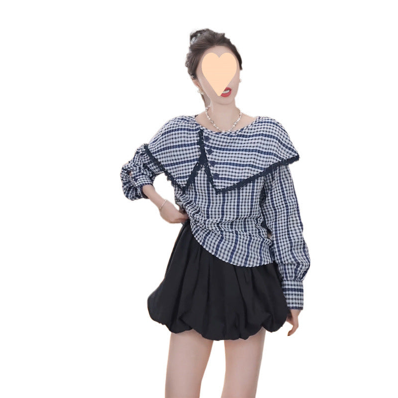 Elegant Ruffled Plaid Shirt and Skirt Pants Set