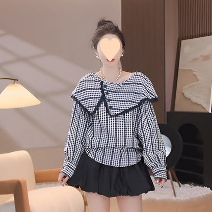 Elegant Ruffled Plaid Shirt and Skirt Pants Set