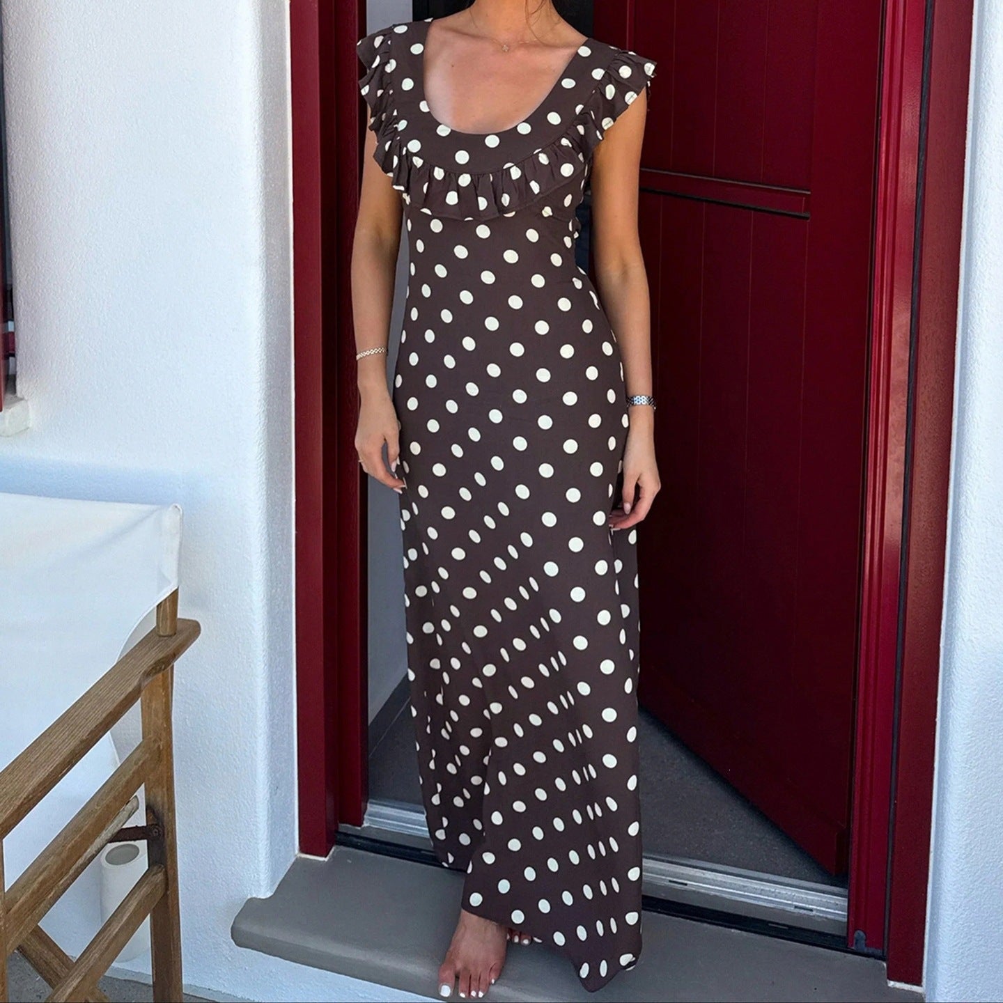 Elegant Ruffled U-Neck Polka Dot Dress