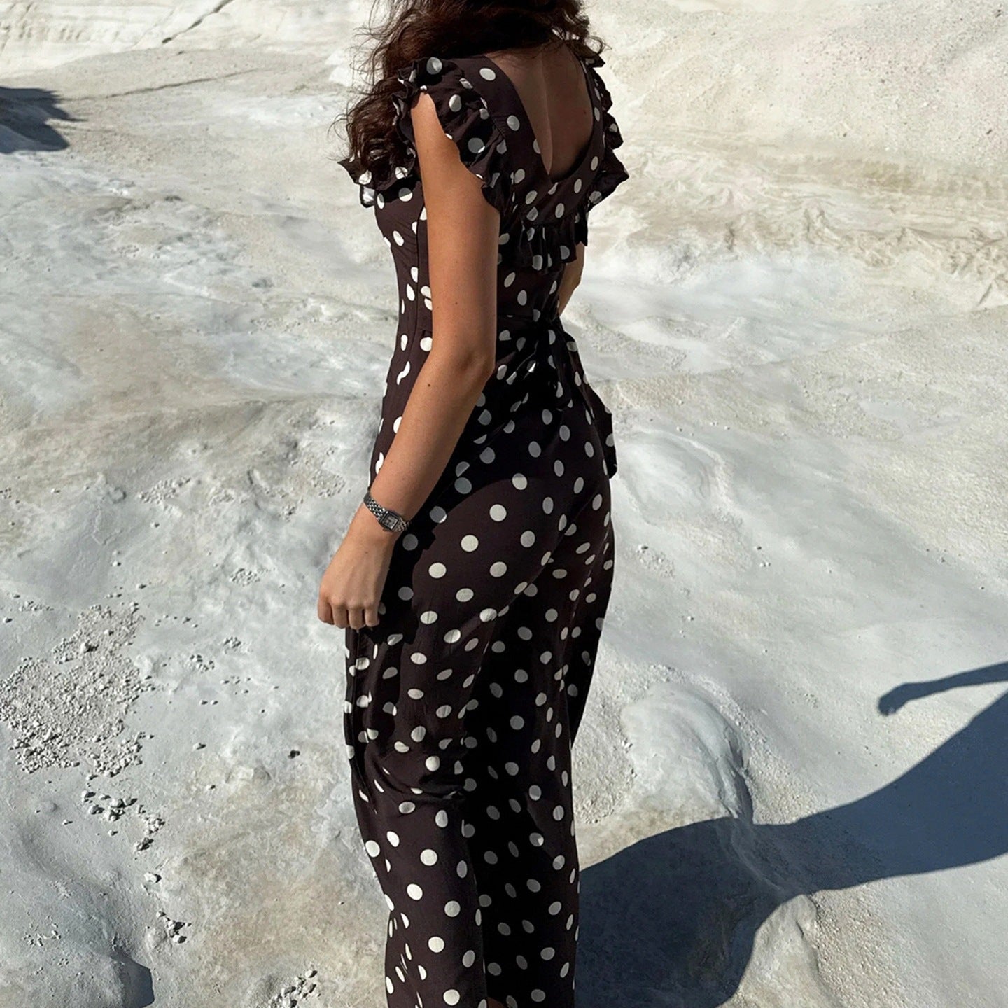 Elegant Ruffled U-Neck Polka Dot Dress