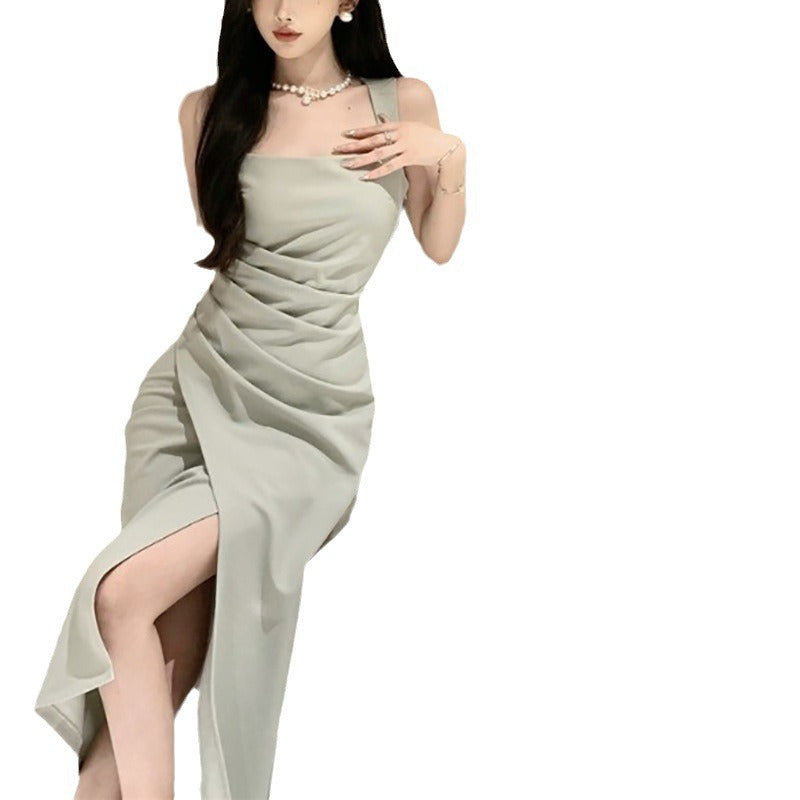 Elegant Satin Bodycon Dress - Summer Square Neck Sleeveless Midi Dress