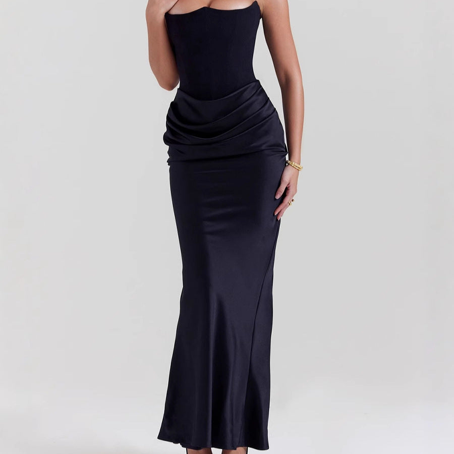 Elegant Satin Bodycon Dress with Pleated Detail