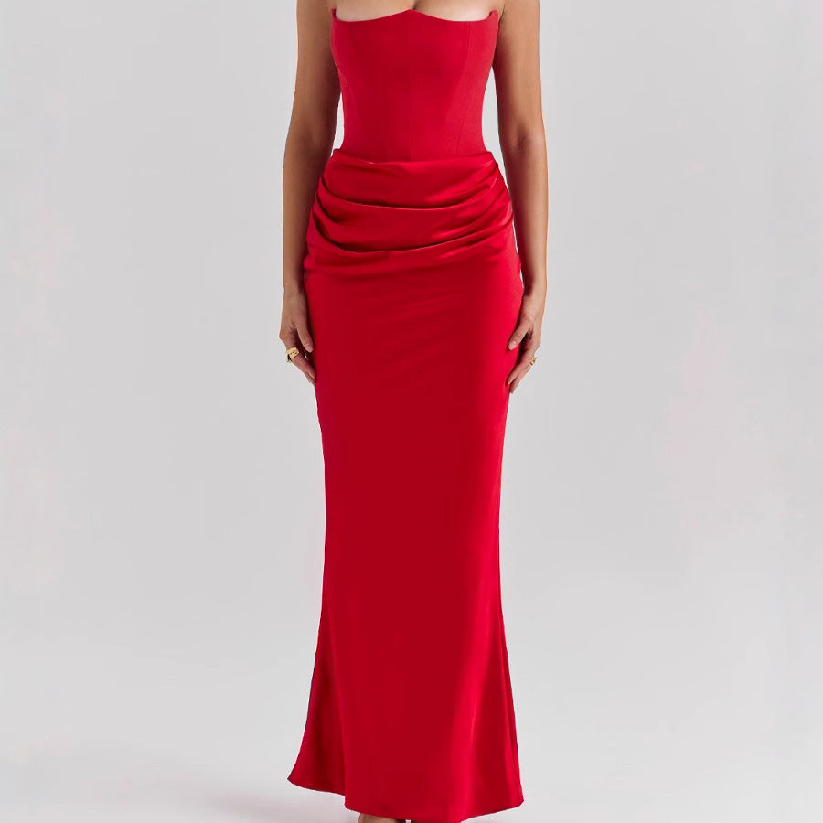 Elegant Satin Bodycon Dress with Pleated Detail