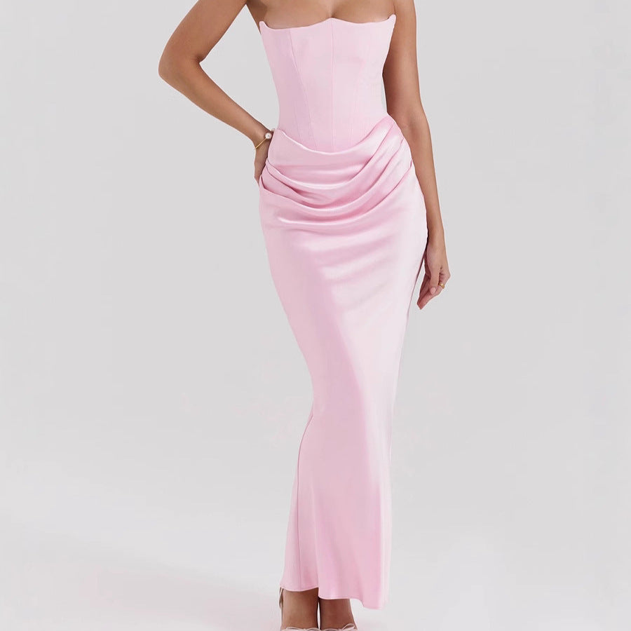 Elegant Satin Bodycon Dress with Pleated Detail