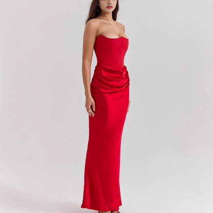 Elegant Satin Strapless Pleated Dress