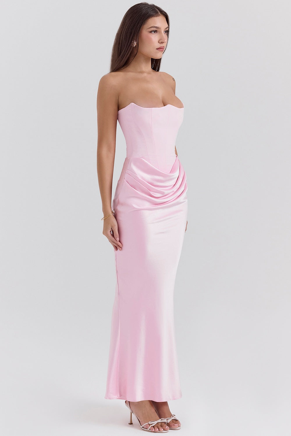 Elegant Satin Strapless Pleated Dress