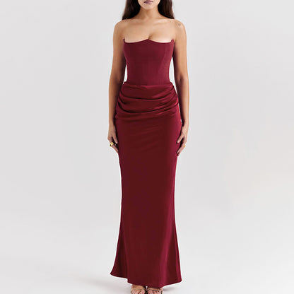 Elegant Satin Strapless Pleated Dress