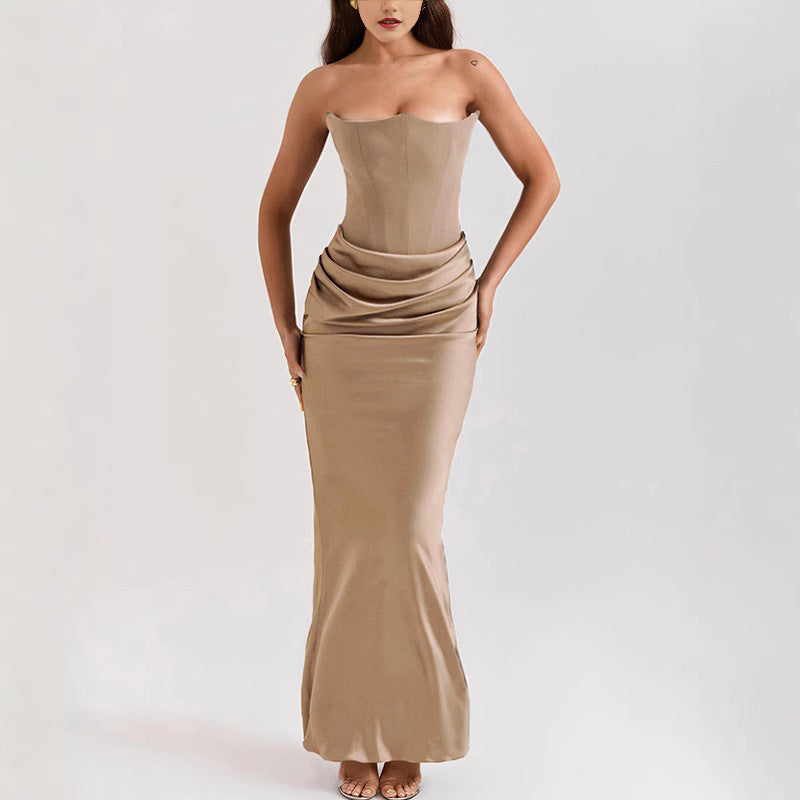 Elegant Satin Strapless Pleated Dress