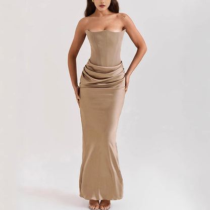 Elegant Satin Strapless Pleated Dress