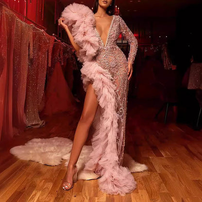 Elegant Sequined Long Sleeve Evening Dress