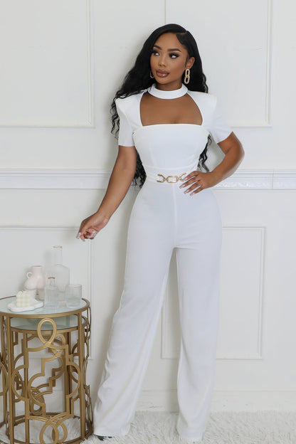 Elegant Short-Sleeve Wide-Leg Jumpsuit with Scarf