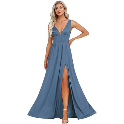 Elegant Sleeveless Long Swing Dress with Deep V Neck