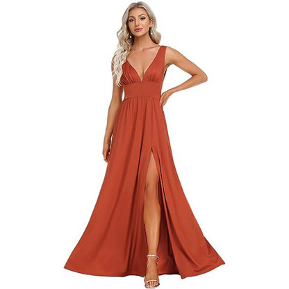 Elegant Sleeveless Long Swing Dress with Deep V Neck