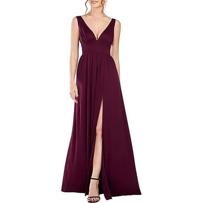 Elegant Sleeveless Long Swing Dress with Deep V Neck