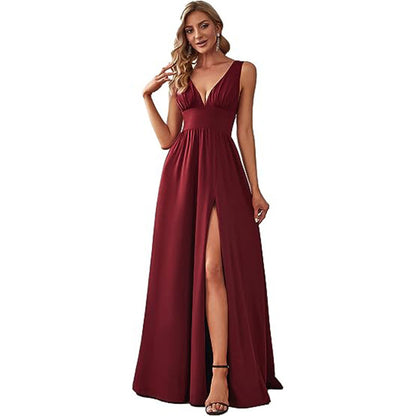 Elegant Sleeveless Long Swing Dress with Deep V Neck