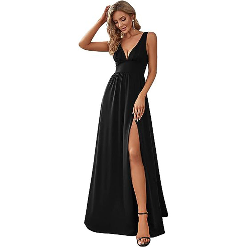 Elegant Sleeveless Long Swing Dress with Deep V Neck