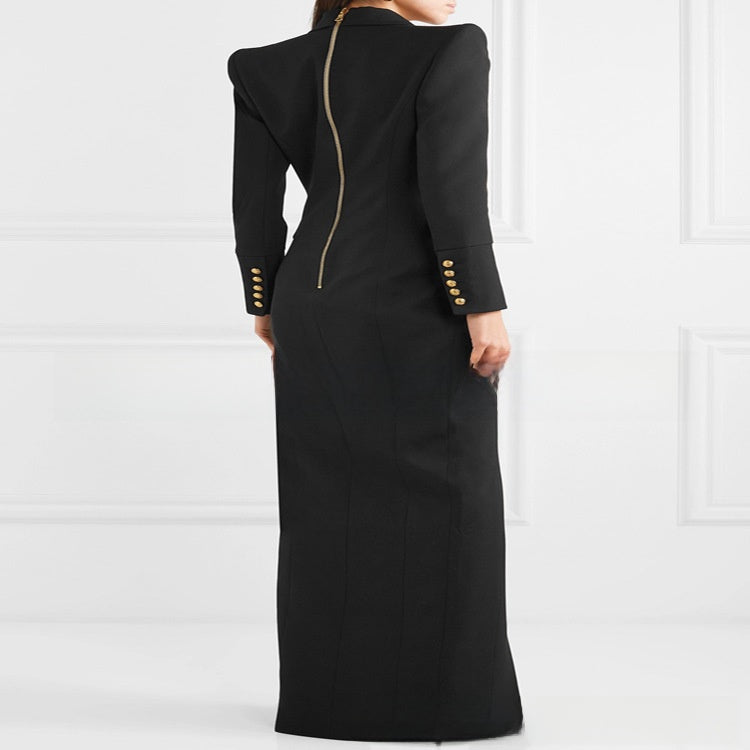 Elegant Slim Double-Breasted Long Dress with Back Zipper