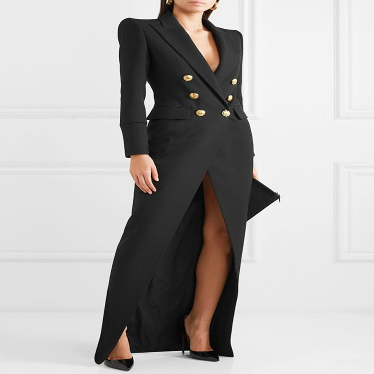 Elegant Slim Double-Breasted Long Dress with Back Zipper