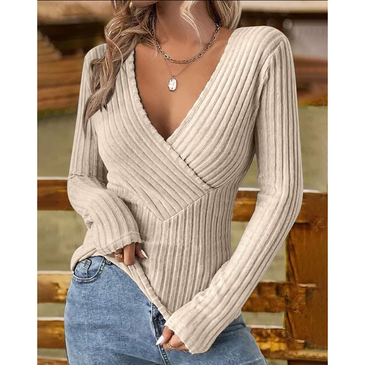 Elegant Slim Fit V-Neck Long Sleeve Women's Top