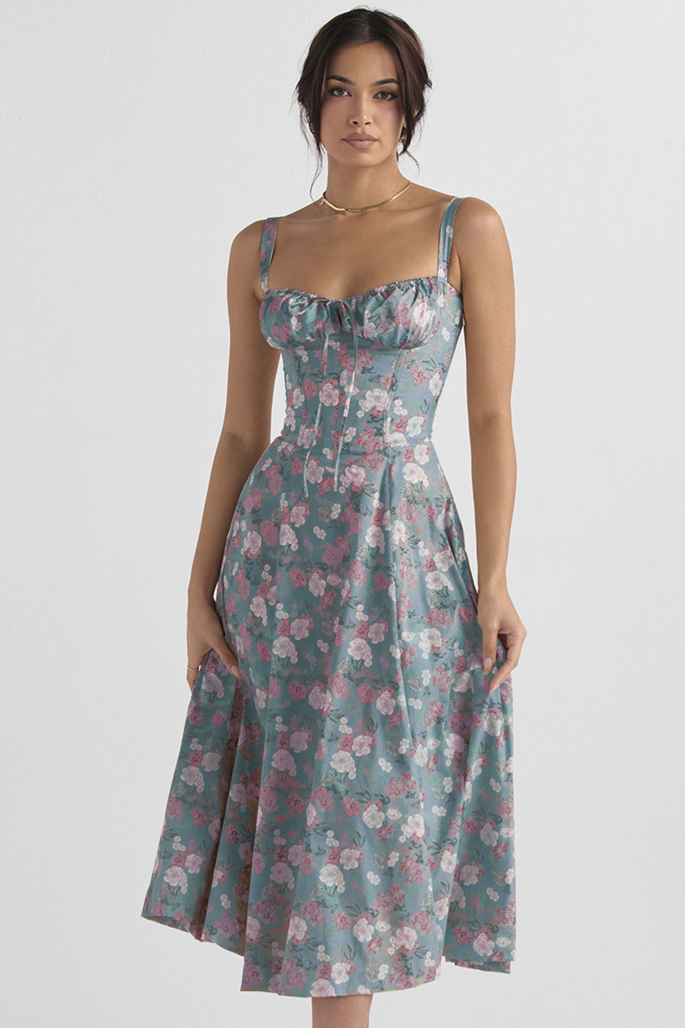Elegant Sling Midi Dress with Floral Patterns