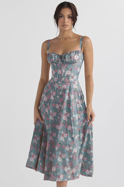 Elegant Sling Midi Dress with Floral Patterns