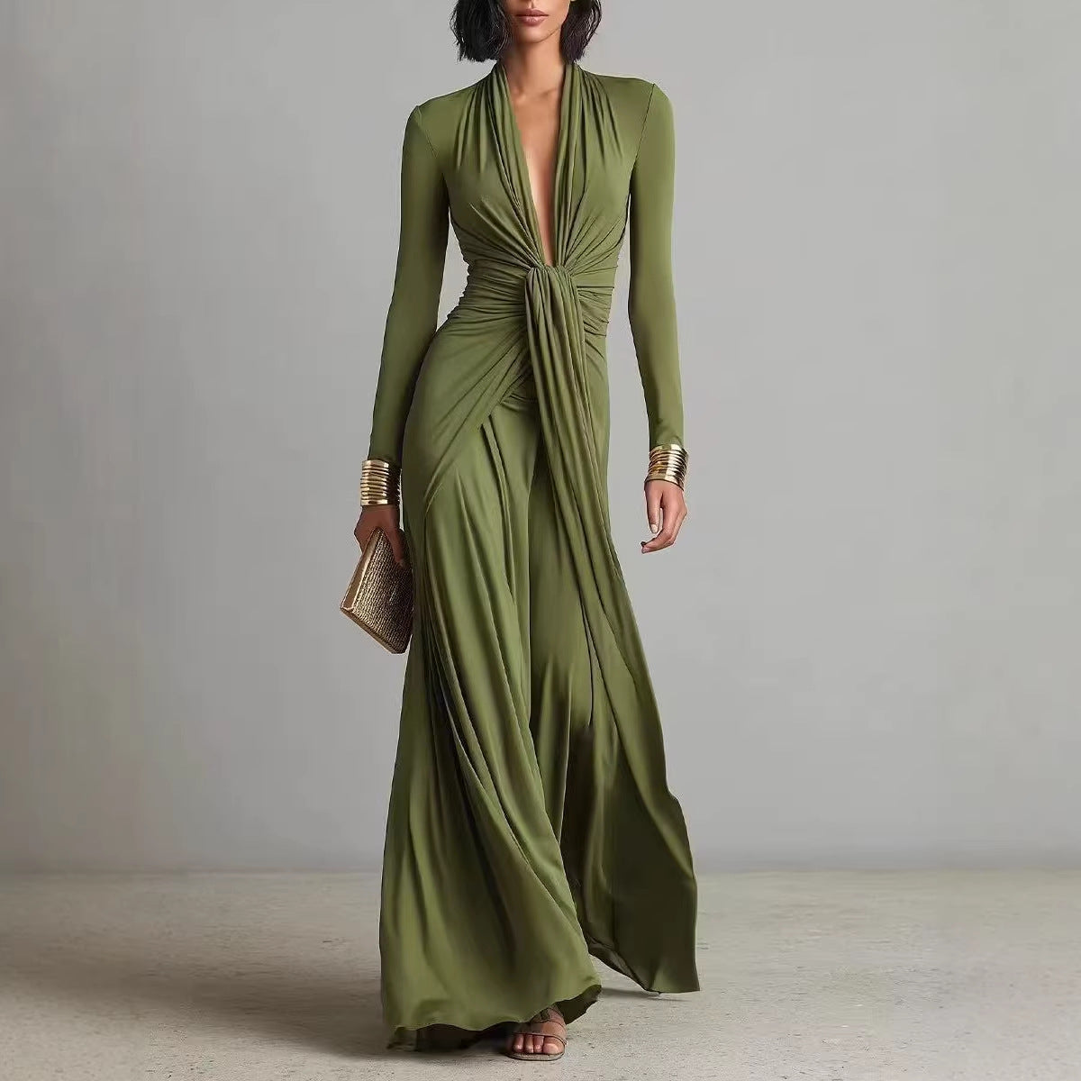 Elegant Solid Color Knitted Long Sleeve Dress