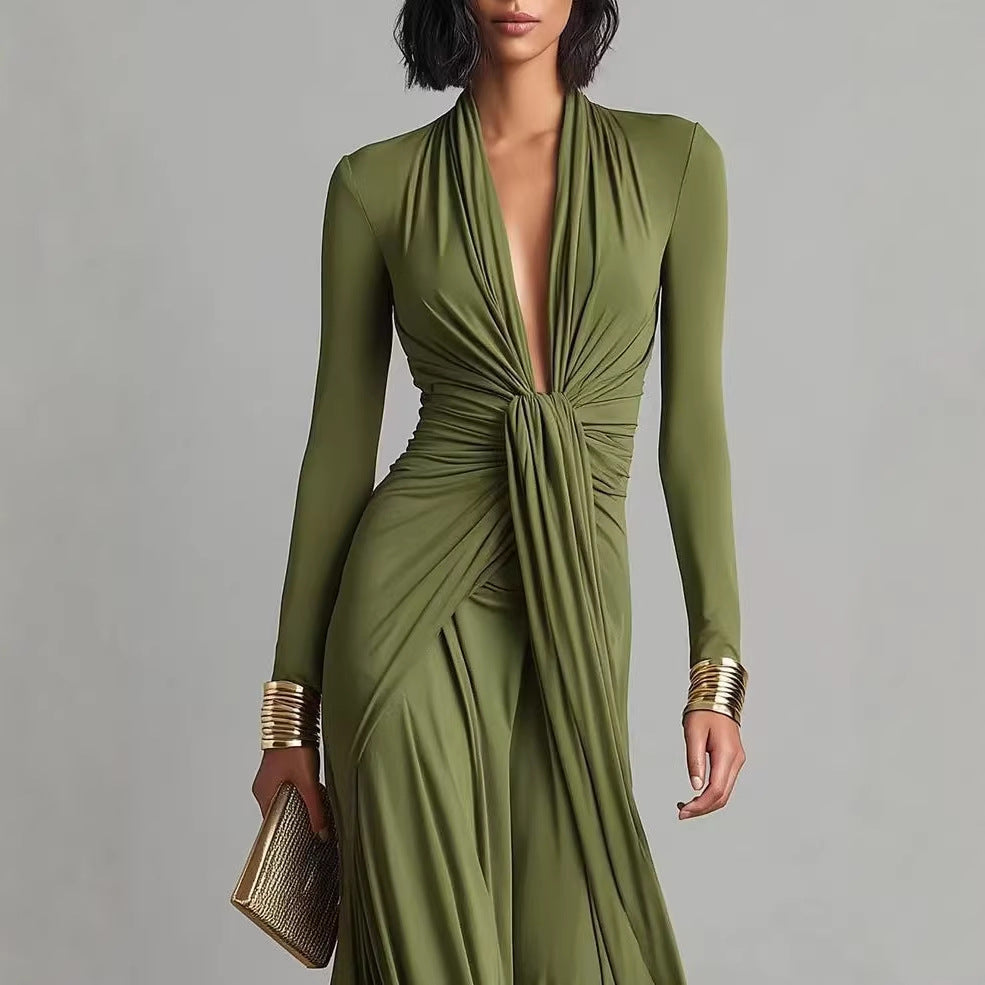 Elegant Solid Color Knitted Long Sleeve Dress