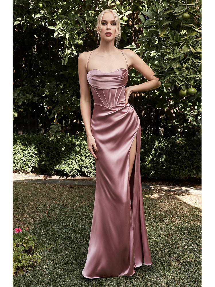 Elegant Solid Color Long Dress with Fishbone Strap