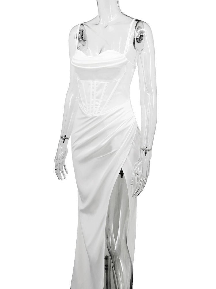 Elegant Solid Color Long Dress with Fishbone Strap