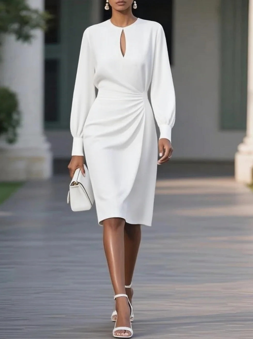Elegant Solid Color Pleated Hollow Out Dress
