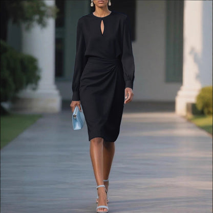 Elegant Solid Color Pleated Hollow Out Dress