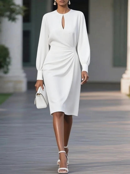 Elegant Solid Color Pleated Hollow Out Dress